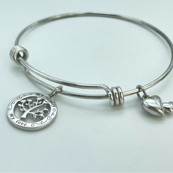 Silver Tree Of Life & Heart Bangle Charm Bracelet Expandable Bangle 925 Sterling - Picture 1 of 9
